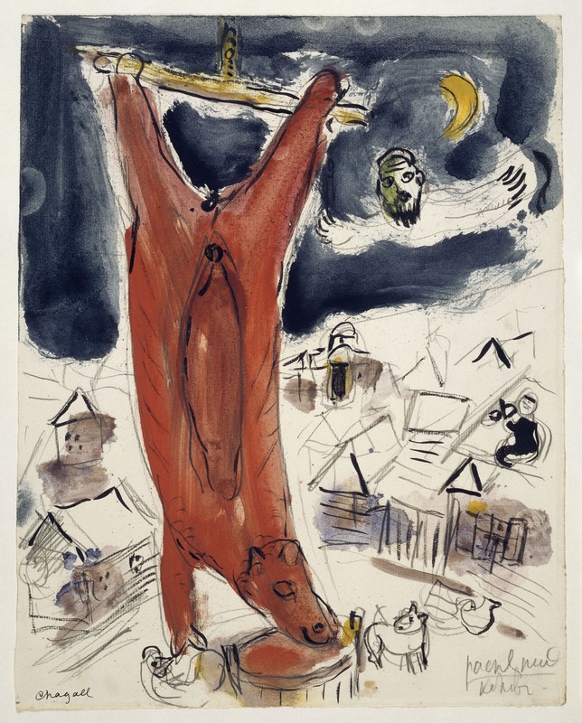Marc Chagall – D'une guerre à l'autre : Le bœuf écorché, 1947 Crayon, encre et aquarelle sur papier vergé 31,1 x 24,6 cm © Musée national d'art moderne/Centre de Création  Industrielle, Centre George Pompidou © RMN-Grand  Palais/ Philippe Migeat © Adagp,  Paris 2013 CHAGALL®